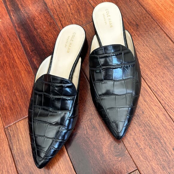 COLE HAAN Women's Piper Mule Shoe in Black Alligator Size 8 Leather Slip Ons - Picture 2 of 8